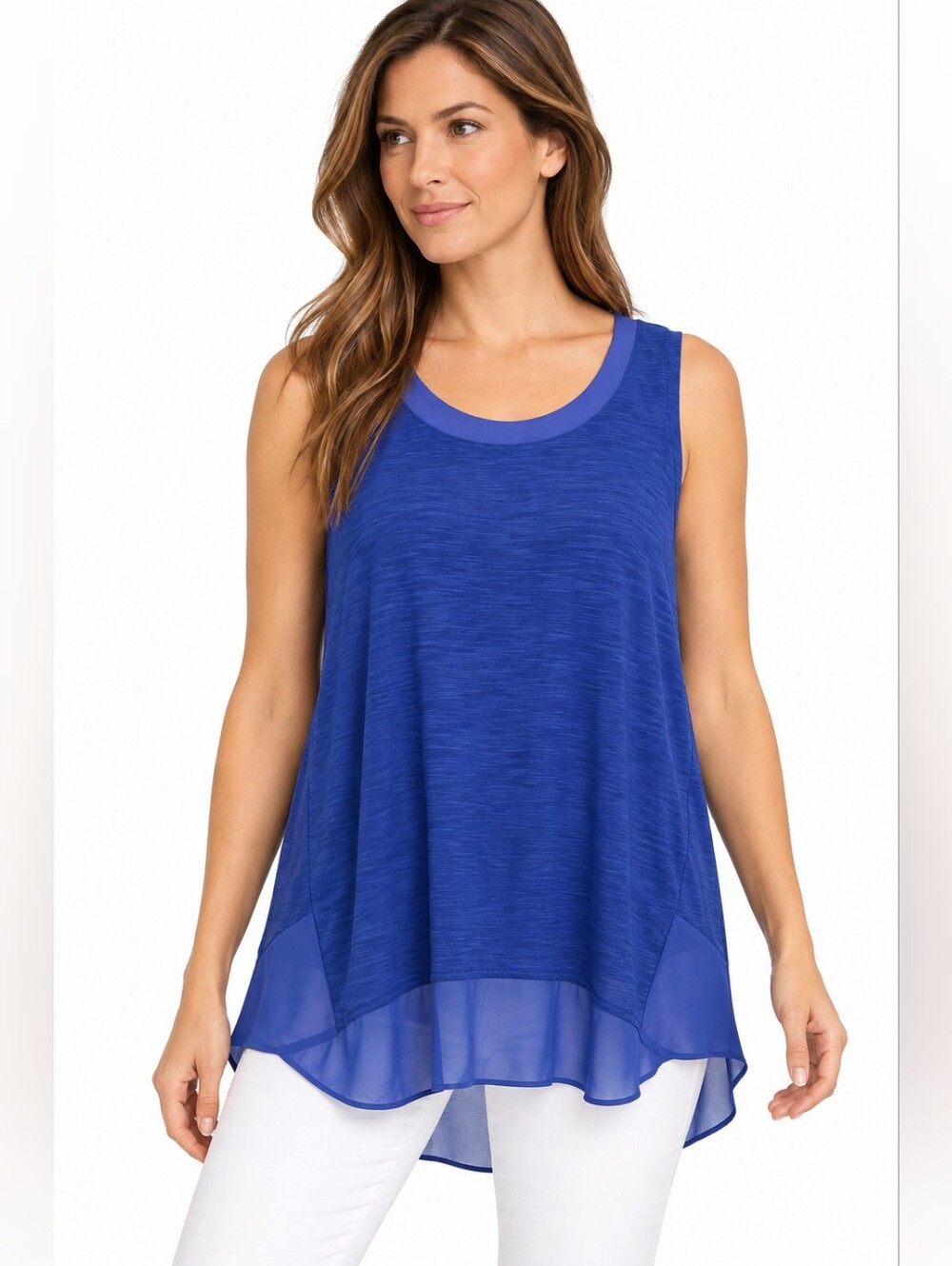 Adrienne Vittadini Blue Mixed Media Sleeveless Tunic Top Size L